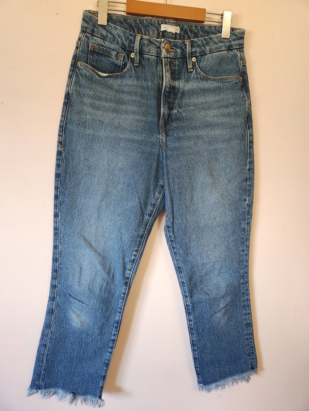 Good American Good Boy High Rise Straight Jeans Distressed Chewed Raw Hem Sz 4/2
